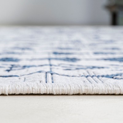 Moroccan-Inspired Ivory and Blue Geometric Synthetic Area Rug - Easy Care