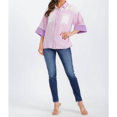 Women's Short Sleeve Embellished Top - Peach Love