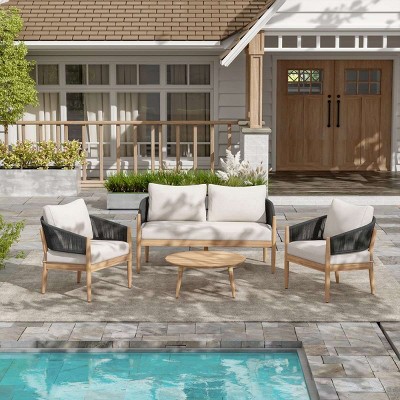 4 Piece Boho Acacia Wood Chat Set with Cushions,Outdoor Loveseat Patio Conversation Set,Rope Accent Chair Set with Coffee Table-Coolbibila