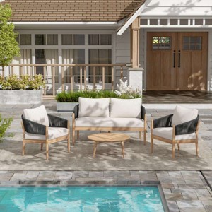 4 Piece Boho Acacia Wood Chat Set with Cushions,Outdoor Loveseat Patio Conversation Set,Rope Accent Chair Set with Coffee Table-Coolbibila - 1 of 4