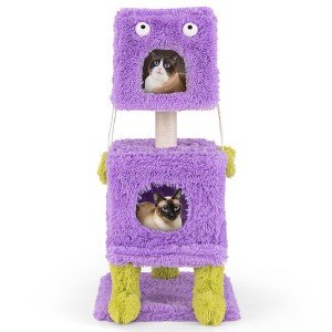 Tangkula Cat Tree Cute Monster-Themed Cat Tower w/ 2 Private Condos & Soft Long Plush - 1 of 4