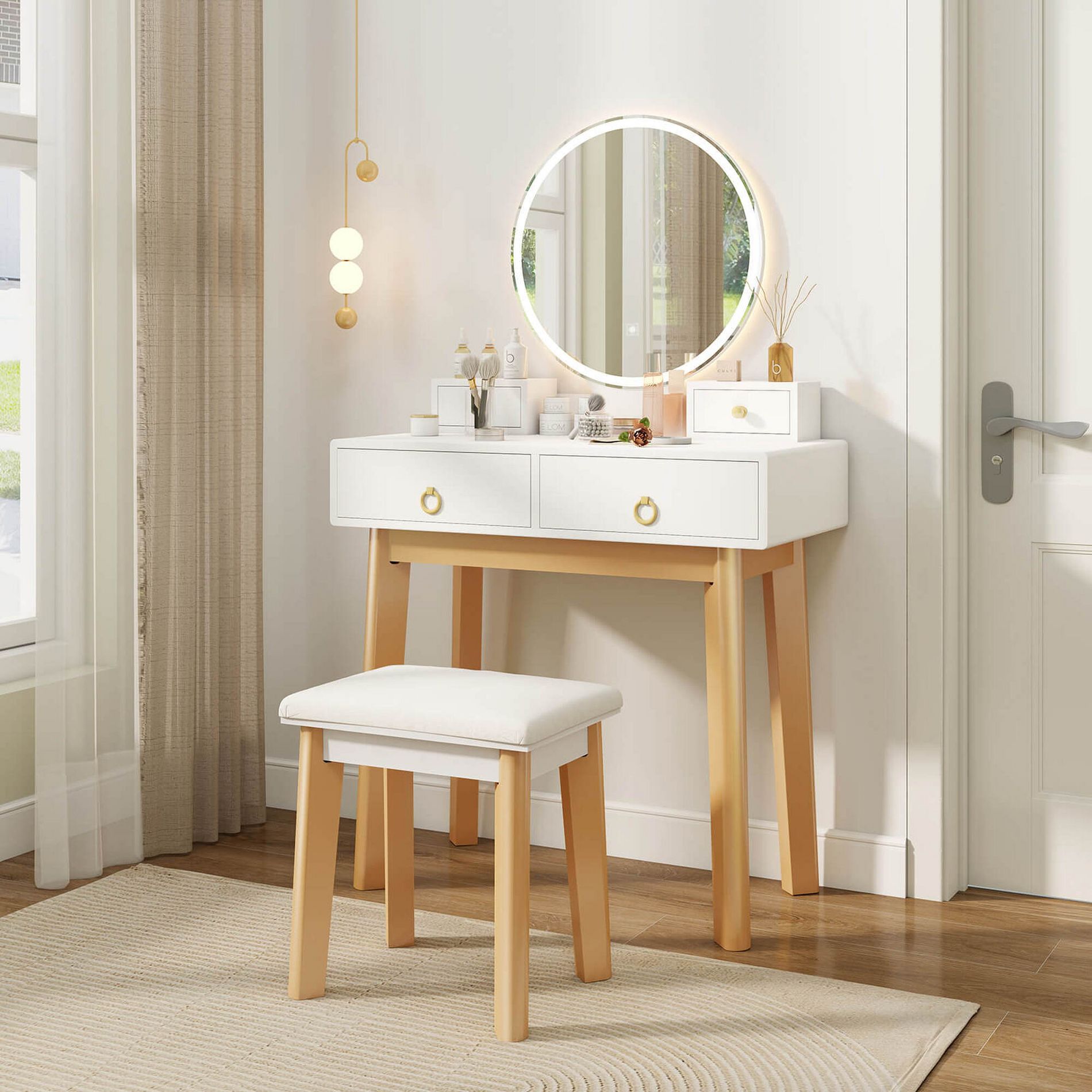 Costway Vanity Set with LED Lighted Mirror Round Mirror & Soft Cushioned Stool 4 Drawers