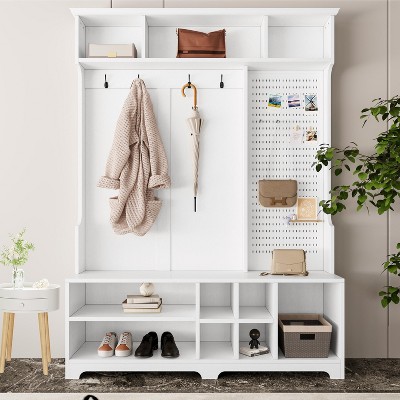 HDZNVF Hall Tree with Shoe Bench, Coat Rack ,Shoe Storage ,Storage Shelves and Pegboard, White