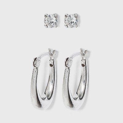 Sterling Silver Cubic Zirconia Oval Tapered Hoop Earring Set 2pc - A New Day™ Silver