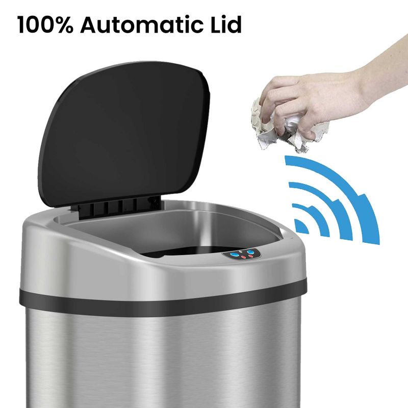 iTouchless Sensor Kitchen Trash Can with AC Adapter and AbsorbX Odor Filter 13 Gallon Oval Silver Stainless Steel, 2 of 7