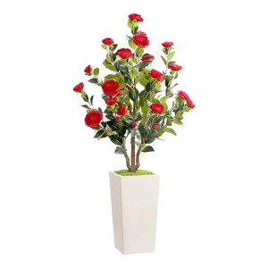 Artificial Trees Camellia with White Pot & Natural Wood Trunks, Evergreen Silk Faux Rose Trees w/Silk Flowers, for Living Room, Porch, Office - 1 of 4