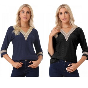 INSPIRE CHIC Women's V Neck Contrast Color Lace Trim Boho Top 2 Packs - 1 of 4