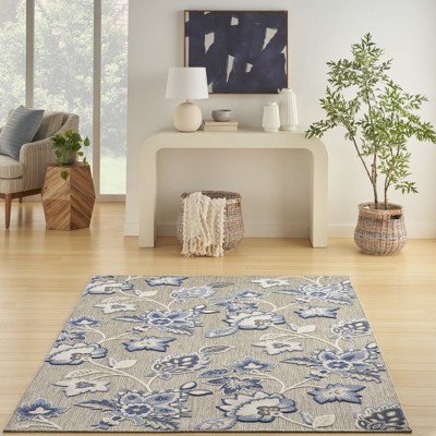 Blue Floral Synthetic 9' x 12' Washable Area Rug