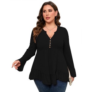 Womens Plus Size Tops Blouse Long Sleeve Henley V Neck Buttons Down Shirts Ruffle Pleated Tunic Top Flowy T Shirts - 1 of 4
