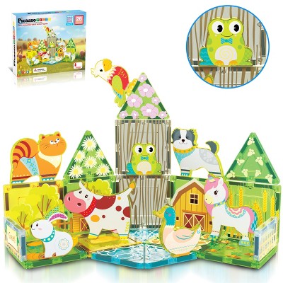 PICASSO-TILES Magnetic Tiles, Farm Theme with Animal Figures Building Blocks Set, STEM Educational Toy for Kids