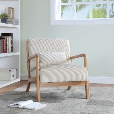 Natural Wooden Lounge Chair with Ribbed Corduroy Upholstery and Cushion for Living Room, Bedroom or Reading Corner-The Pop Home