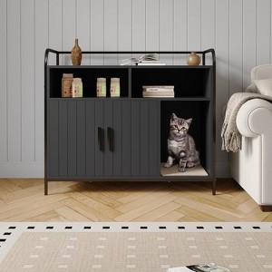 Cat Litter Box Enclosure with Barn Door - Hidden Litter Box Furniture Cabinet White/Black Dog Proof - 1 of 4