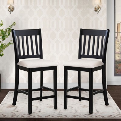 Wooden Slat Back Finish Counter Stools Set of 2,Armless Linen Fabric Upholstered Bar Stools,Kitchen Island Stools,Counter Casual Chairs-Cuddlewood