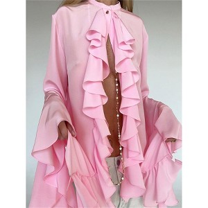 Clearlove Women's Collar Neck Button Down Ruffle Front Long Sleeve Blouse Shirt Top - 1 of 4