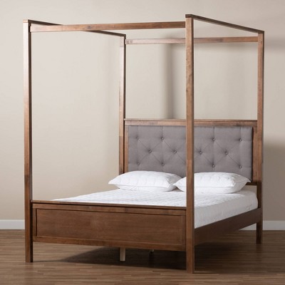 King Gray Upholstered Wood Platform Canopy Bed with Tufted Headboard