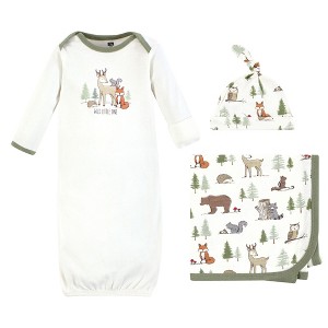 Hudson Baby Infant Boy Gown, Swaddle Blanket and Cap or Headband, Forest Animals, 0-6 Months - 1 of 4