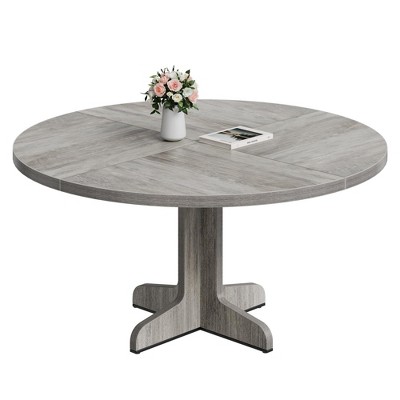 Homhougo Round Dining Table for 4, 47 Inch Farmhouse Kitchen Table with Wood Tabletop and Stable Base, Circle Dinning Room Table Gray