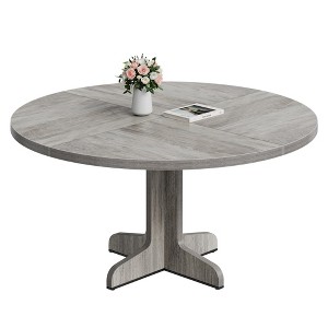 Homhougo Round Dining Table for 4, 47 Inch Farmhouse Kitchen Table with Wood Tabletop and Stable Base, Circle Dinning Room Table Gray - 1 of 4