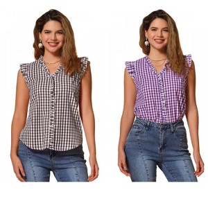 INSPIRE CHIC Women's Cap Sleeve Plaid Gingham Ruffle Shirt 2 Packs - 1 of 4
