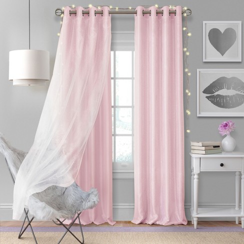 Lofus Star Curtains for Kids Bedroom Light Blocking Voile Overlay Colorful Striped Layered Window Curtain Star Hollowed Blackout Curtains for Girls Room 52x63 inch Pink-Grey 2 Panels 