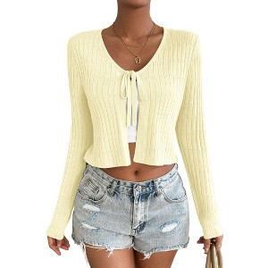 Women's Casual Tie-Front Cardigan - Lightweight Long Sleeve Knit Sweater with Chest Tie Detail - 1 of 4