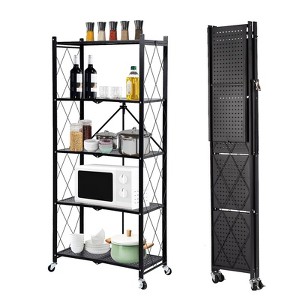 SKONYON 5-Tier Foldable Storage Shelves Adjustable Organizer Rack with Wheels - 1 of 4