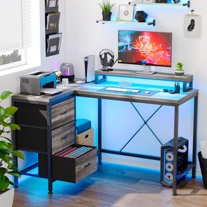 L Shaped Desk with Power Outlets & LED Lights, Computer Desk with Drawers & Shelves, Corner Desk Gaming Desk Home Office Desk - 1 of 4