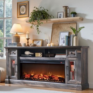 SinCiDo Farmhouse Fireplace TV Stand for 80 Inch TV, Electric Fireplace Entertainment Center w/ LED lights & Glass Door Cabinets & Drawers - 1 of 4