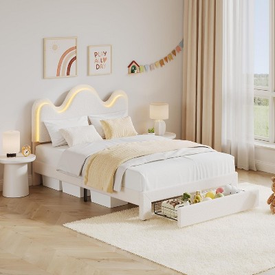 Bed Frame with LED Headboard and Under-Bed Drawer,Metal Upholstered Platform Bed with LED Light for Kids,Lamb Fleece Fabric,No Box Spring Needed