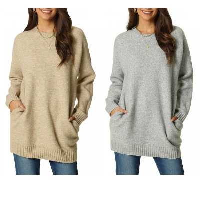 INSPIRE CHIC Women's Fall Winter Round Neck Long Sleeve Casual Tunic Sweater with Pockets 2 Packs