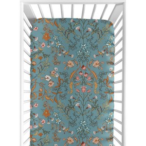 Sweet Jojo Designs Girl Baby Fitted Crib Sheet Boho Floral Wildflower Blue and Orange - 1 of 4