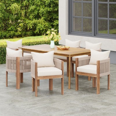 7 Piece Acacia Wood Outdoor Garden Dining Set,Wooden Dining Table and 6 PCS Rope Back Chairs Set,6 Seater Dining Sets with Cushions-Coolbibila