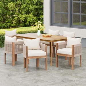 7 Piece Acacia Wood Outdoor Garden Dining Set,Wooden Dining Table and 6 Piece Rope Back Chairs Set,6 Seater Dining Sets with Cushions-Coolbibila - 1 of 4