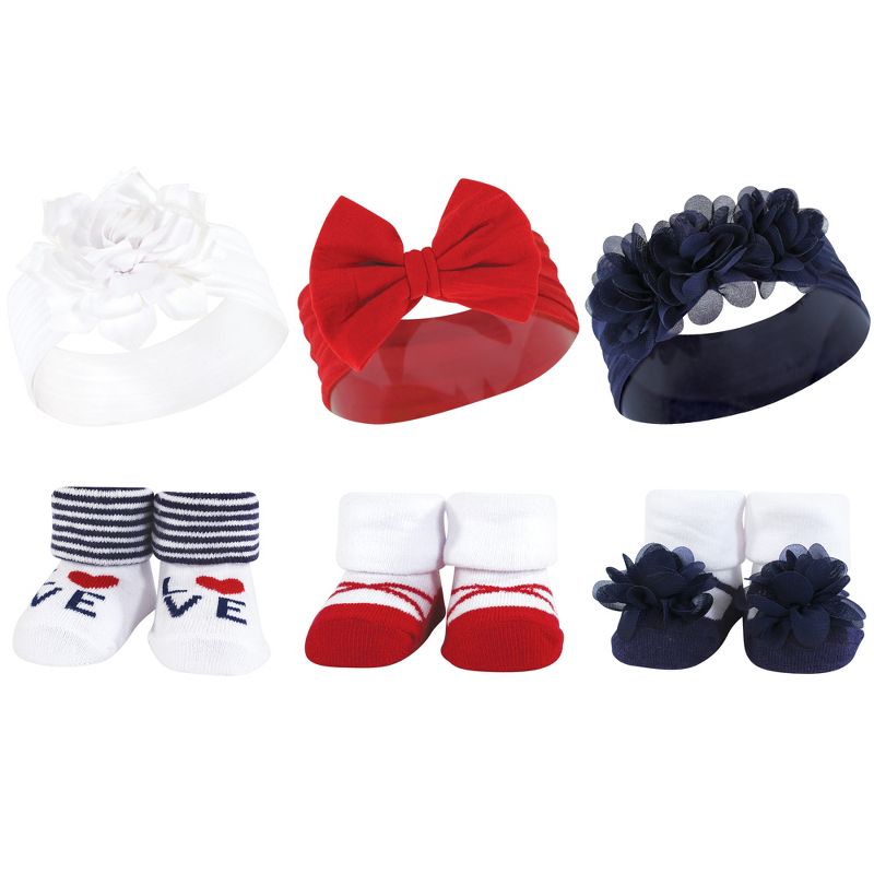 Hudson Baby Infant Girl 12Pc Headband and Socks Giftset, Navy Red, One Size, 2 of 3