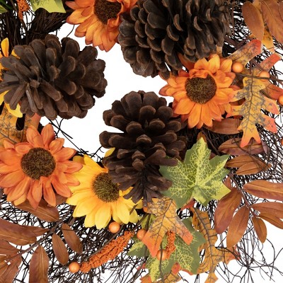 24-Inch Fall Artificial Thanksgiving Wreath with Sunflowers and Pine Cones