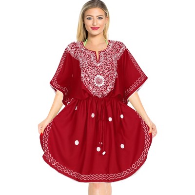 LA LEELA Women's House Daily Routine Evening Wear Loungewear Solid Casual Relaxed Caftan Knee Length Cover Up Dresses for Women One Size Red, Solid