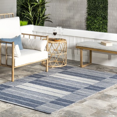 Blue and White Striped Synthetic Indoor/Outdoor Rug, 5' x 8'