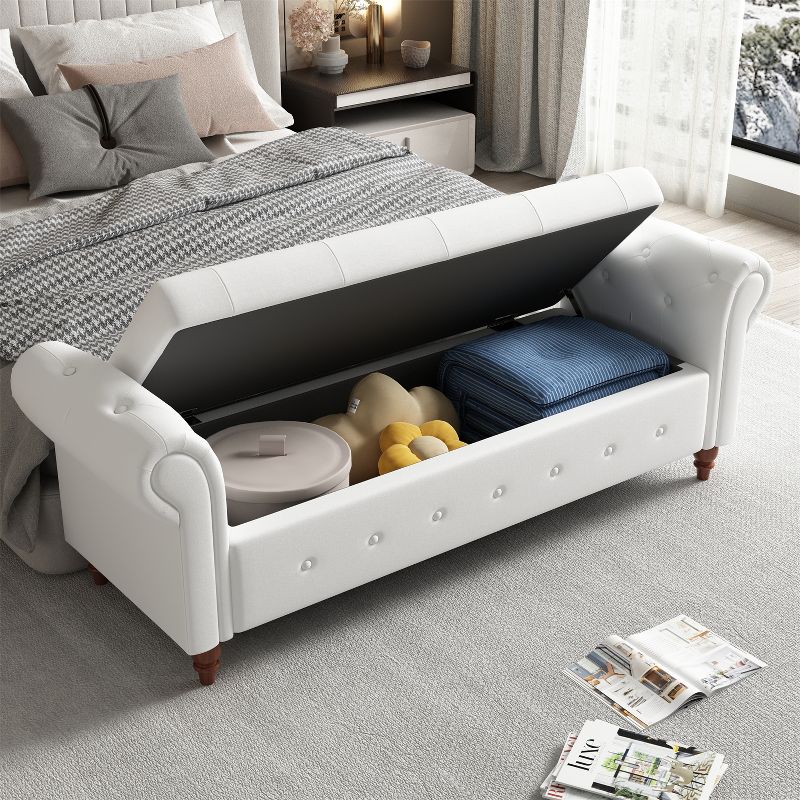 Cecily 63" Button-Tufted Large Storage Ottoman Upholstered Fabric Bench features rolled arms, window seating, and solid wood legs-Maison Boucle, 2 of 8