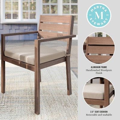 Brown Aluminum Patio Dining Armchair with Beige Cushions