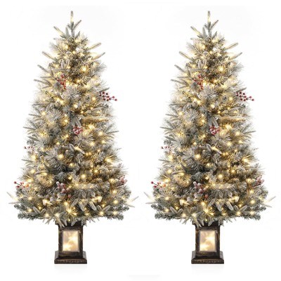 Homhougo 4.5ft Set of 2 Snow Flocked Mini Christmas Trees with Red Berries, Decorative Black Base, Indoor Holiday Decorations