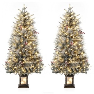 Homhougo 4.5ft Set of 2 Snow Flocked Mini Christmas Trees with Red Berries, Decorative Black Base, Indoor Holiday Decorations - 1 of 4