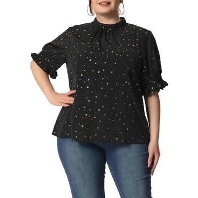 Women's Plus Size Glitter Pleated Keyhole Back Star Print Puff Sleeve Blouses - Agnes Orinda