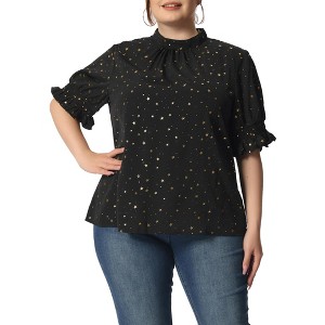 Women's Plus Size Glitter Pleated Keyhole Back Star Print Puff Sleeve Blouses - Agnes Orinda - 1 of 4