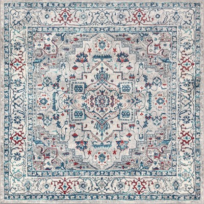 Light Gray and Blue Synthetic Vintage Medallion Rug