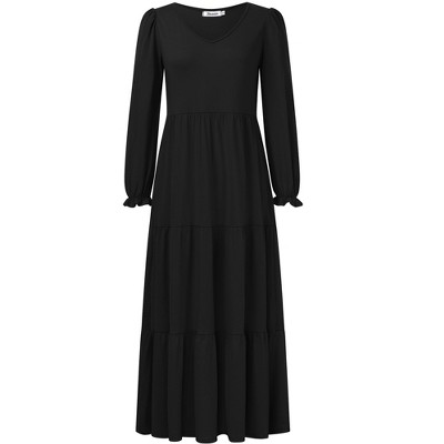 NEW Womens Summer Boho Maxi Dress Ruffle Puff Sleeve V Neck Tie Casual Loose Flowy Swing A-line and flowy Long Dress
