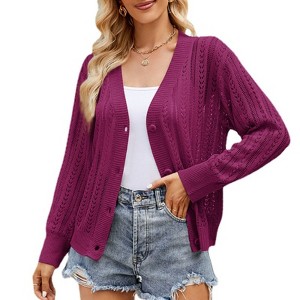Coolmee Women's Button Up Cable Knit Cardigan Lightweight Crewneck Crochet Sweaters Tops Casual Jackets - 1 of 4