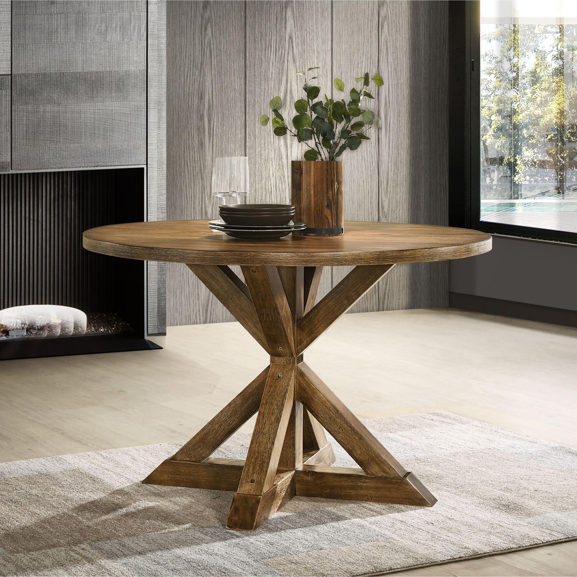 NicBex Dining Room Table for 4 Morden Round Dining Table Counter Height Table with Cross-Buck Base for Kitchen, Brown
