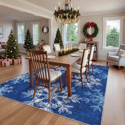 Christmas Area Rug, Snowflake Print Washable Throw Carpet with Non Slip Backing, Low Pile Stain Resistant Floor Mat for Living Room, Bedroom