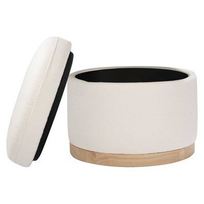Naka 21.5" Round Cream Storage Ottoman with Light Wood Base