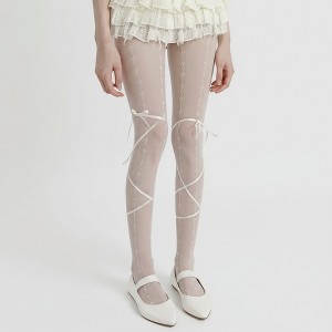 Anna-Kaci Women's Sheer Lace Pattern Tights with Ribbon Bow Wrap Detail and Stretch Fit - White - 1 of 4